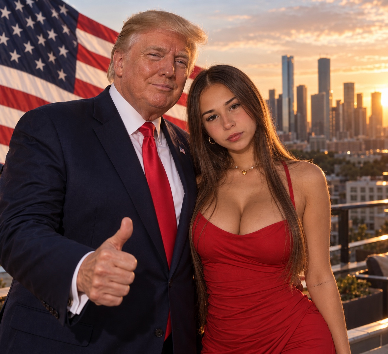 AI-generated scene of two people with an American flag and a city skyline at sunset
